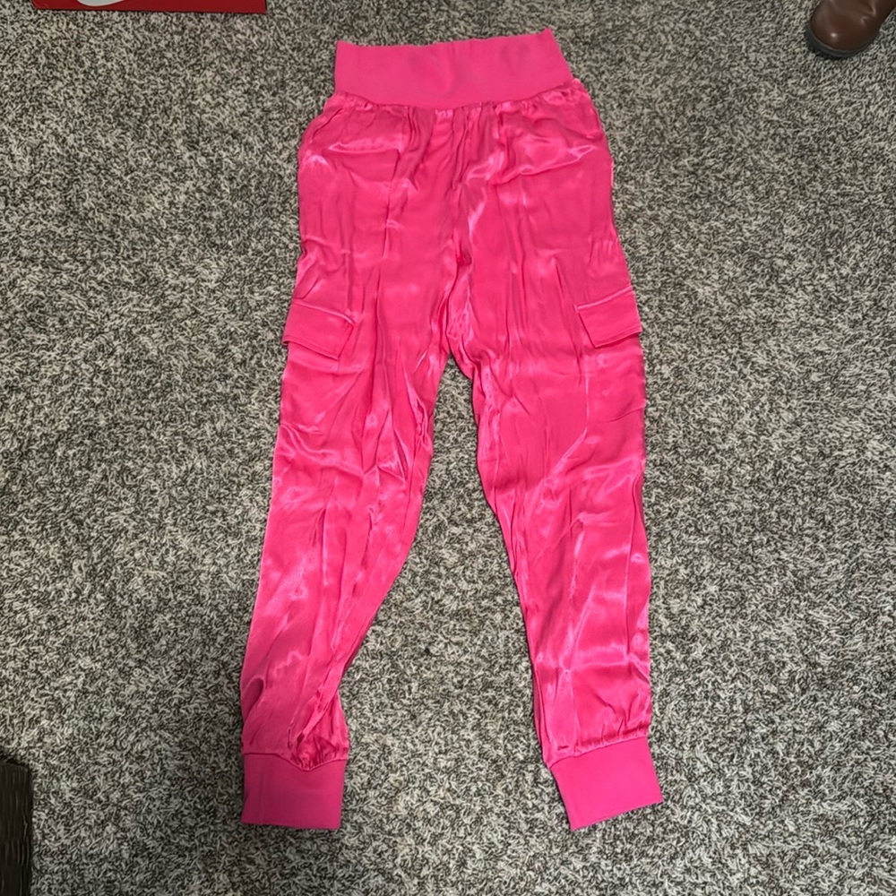 Pink satin cargo joggers
